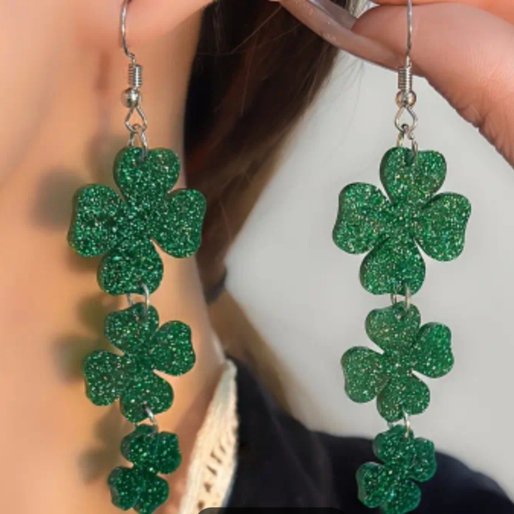 St. Patrick's Day Green Bling Bling Clover Dangling Earrings